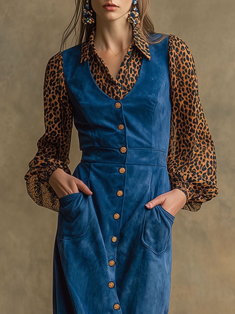 Western Retro Long-Sleeved Chiffon Leopard Print Blue Faux Suede Midi Dress