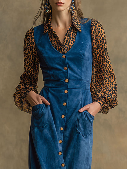 Western Retro Long-Sleeved Chiffon Leopard Print Blue Faux Suede Midi Dress