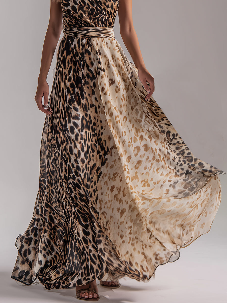Luxury Resort-style Leopard Print Gradient Chiffon Off-shoulder Sleeveless Maxi Dress