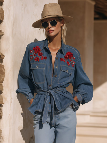 Casual Western Rose Embroidered Blue Denim Jacket