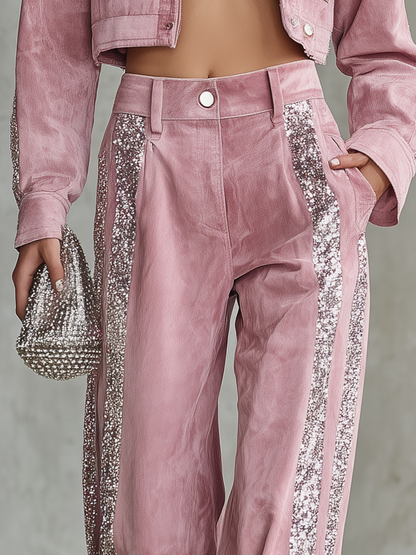 Retro-style Sequined Striped Faux Suede Wide-leg Pants