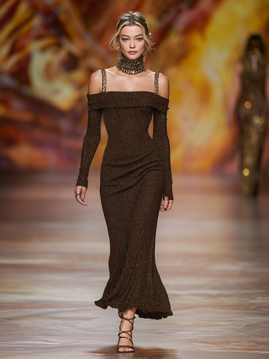 Chic And Minimalist Off-the-shoulder Metallic Shoulder Straps And Subtle Shimmer Brown Maxi Dress