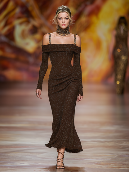 Chic And Minimalist Off-the-shoulder Metallic Shoulder Straps And Subtle Shimmer Brown Maxi Dress
