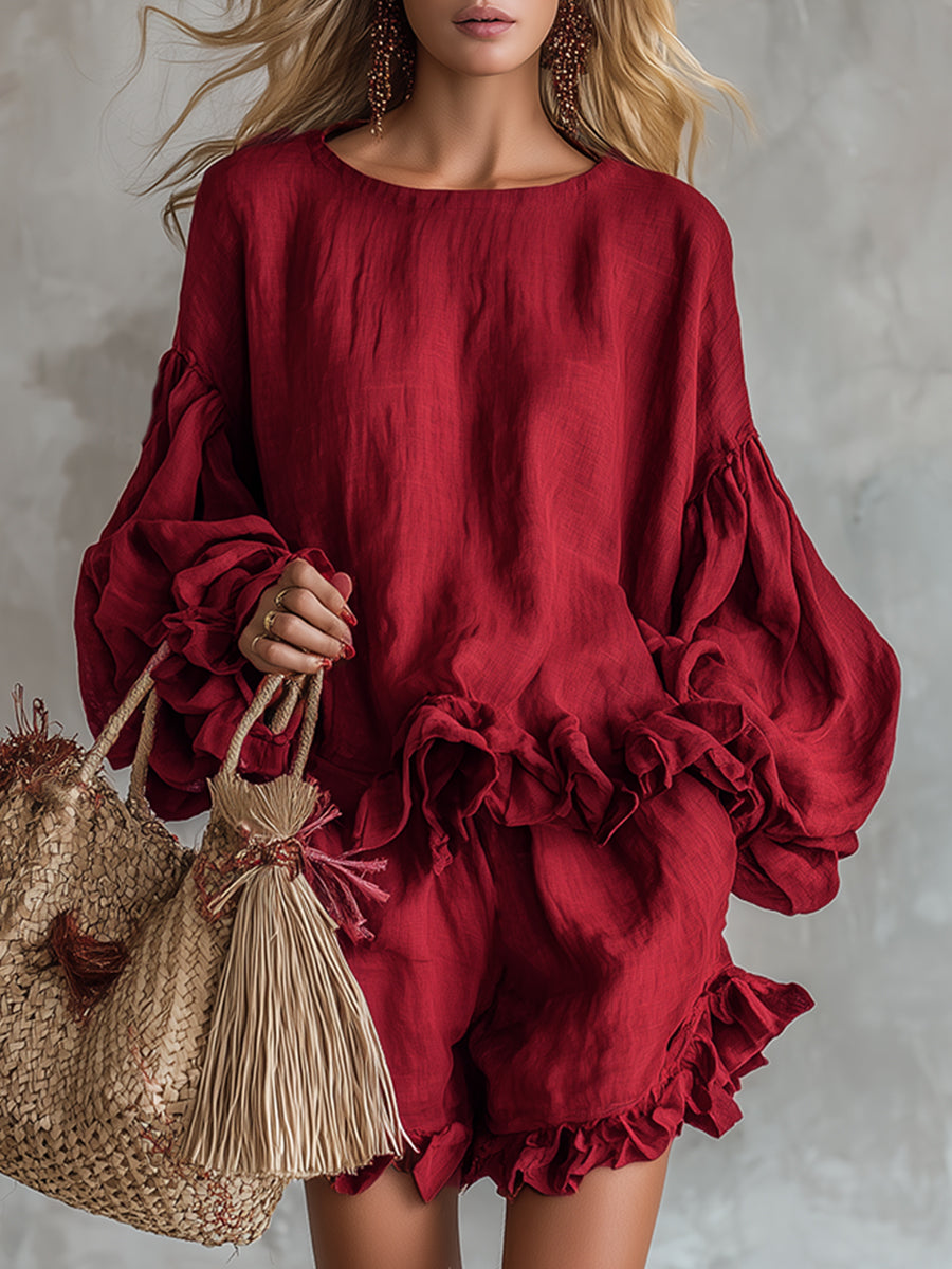 Vintage And Elegant Ruffled Red Cotton And Linen Shirt And Shorts Set