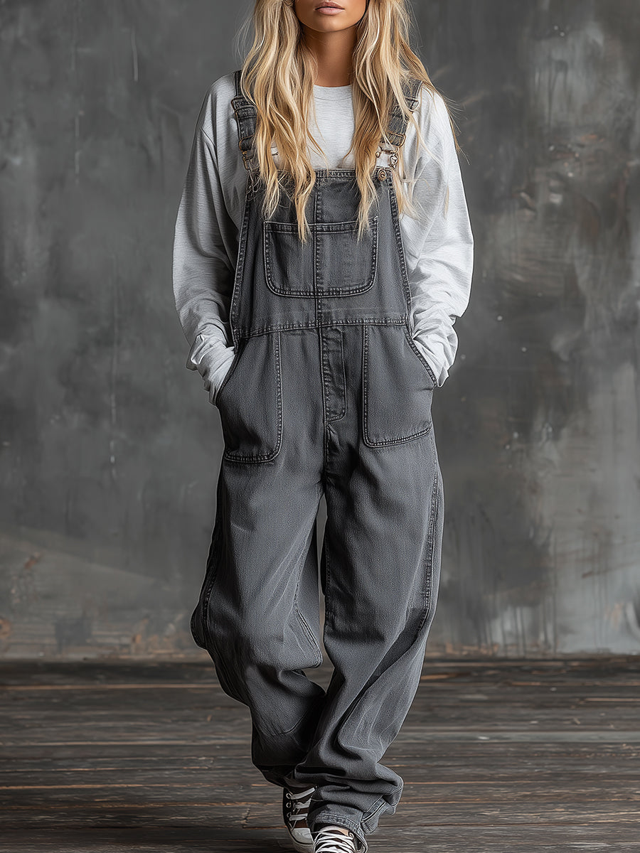 Casual Western Grey Denim Loose Multi-Pocket Jumpsuit Overalls