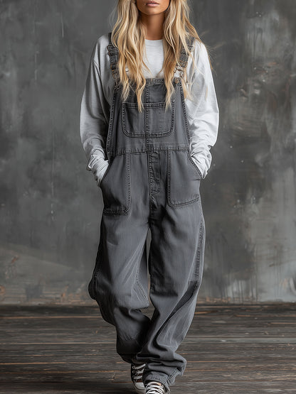 Casual Western Grey Denim Loose Multi-Pocket Jumpsuit Overalls