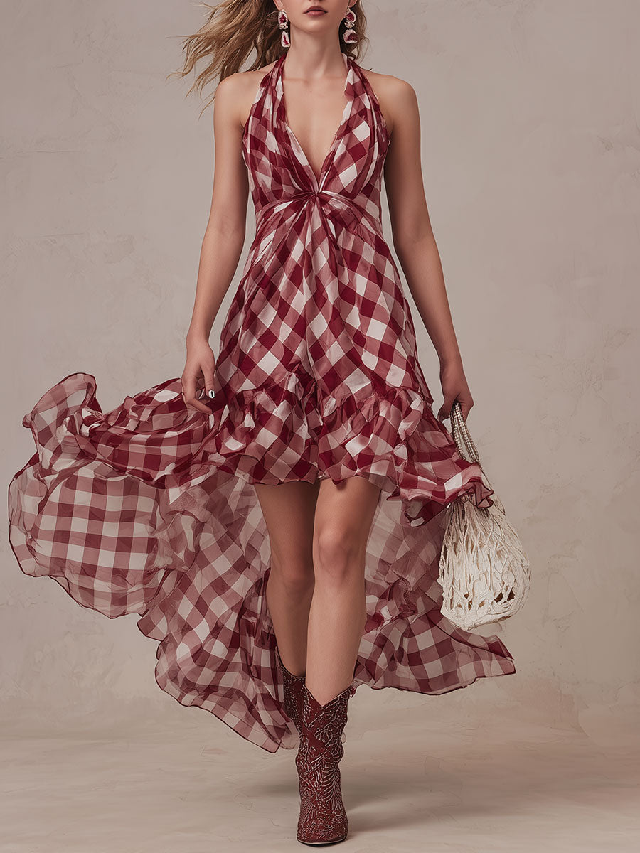 Elegant Resort-style Red Classic Plaid Halter V-neck Chiffon Maxi Dress
