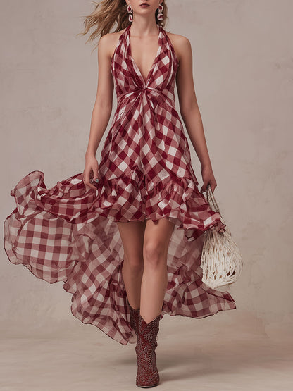 Elegant Resort-style Red Classic Plaid Halter V-neck Chiffon Maxi Dress