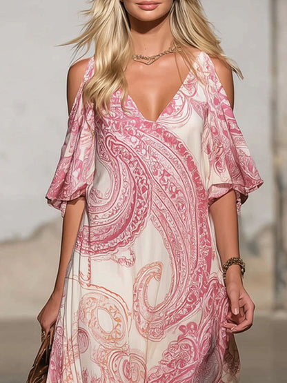 V-neck Paisley Print Cold Shoulder Chiffon Short-sleeved Maxi Dress