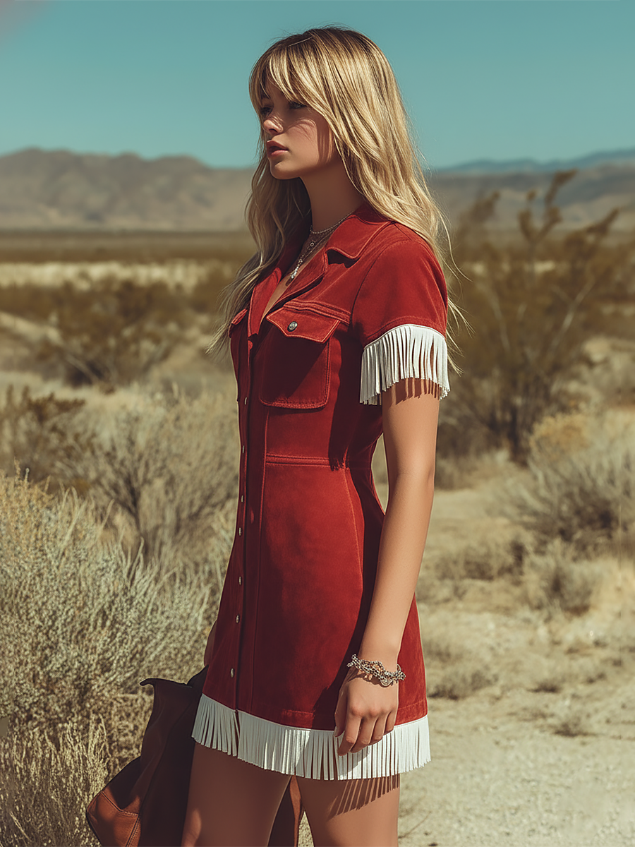 Retro Western-style Lapel Color-block Fringed Suede Mini Dress