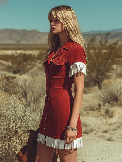 Retro Western-style Lapel Color-block Fringed Suede Mini Dress