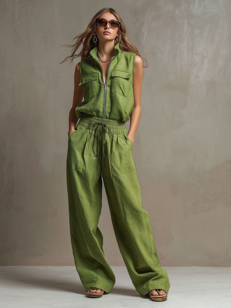 Casual Retro Green Cotton Linen Sleeveless Zip-up Shirt And Wide-leg Pants Set