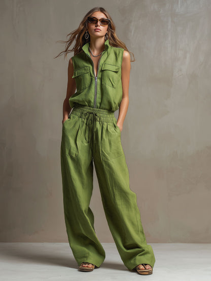 Casual Retro Green Cotton Linen Sleeveless Zip-up Shirt And Wide-leg Pants Set