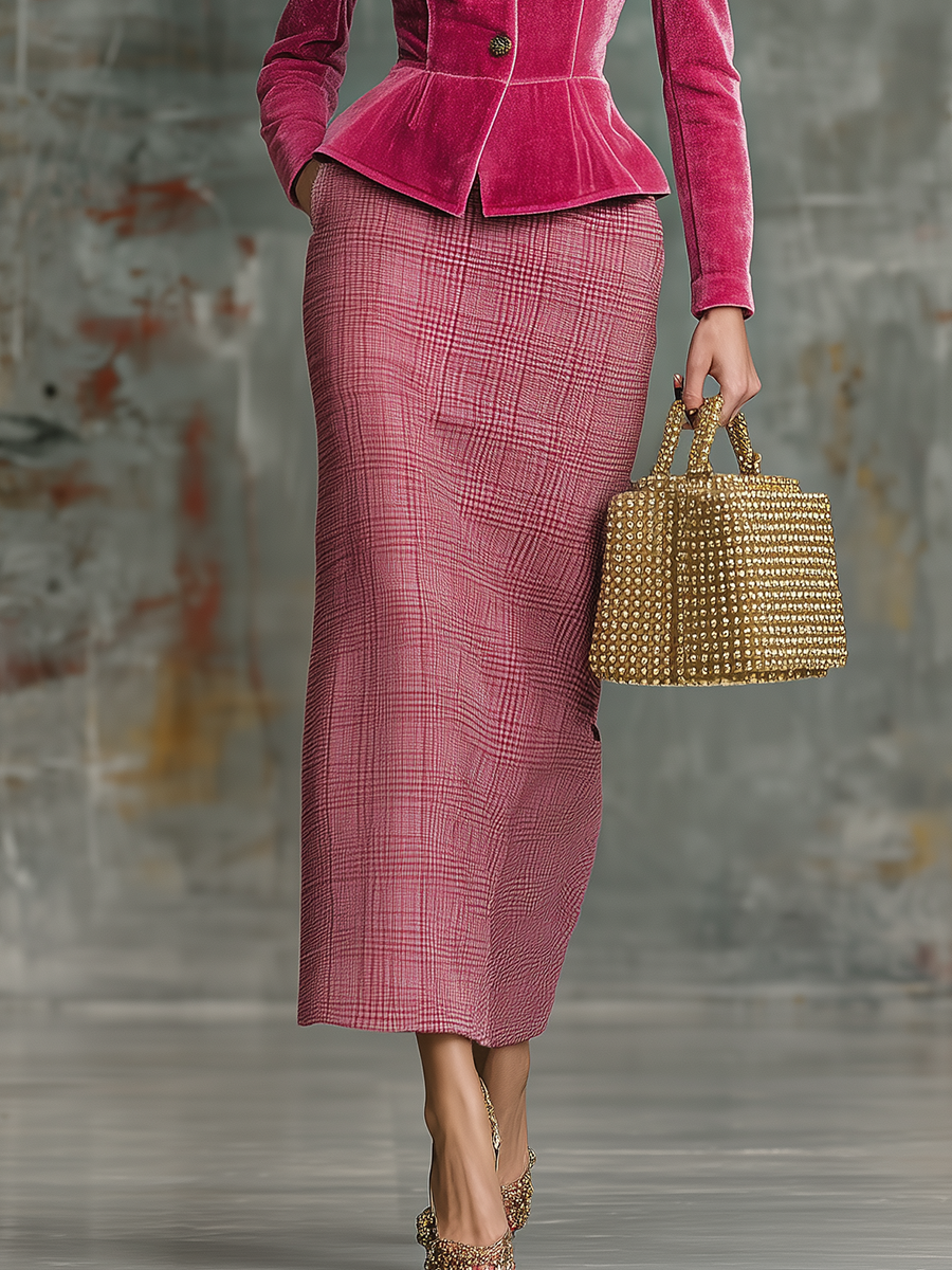 Elegant Retro Stand-collar Velvet Jacket And Plaid Skirt Set
