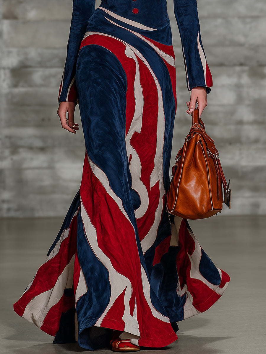 Chic Western-style Printed Blue Faux Suede Maxi Dress