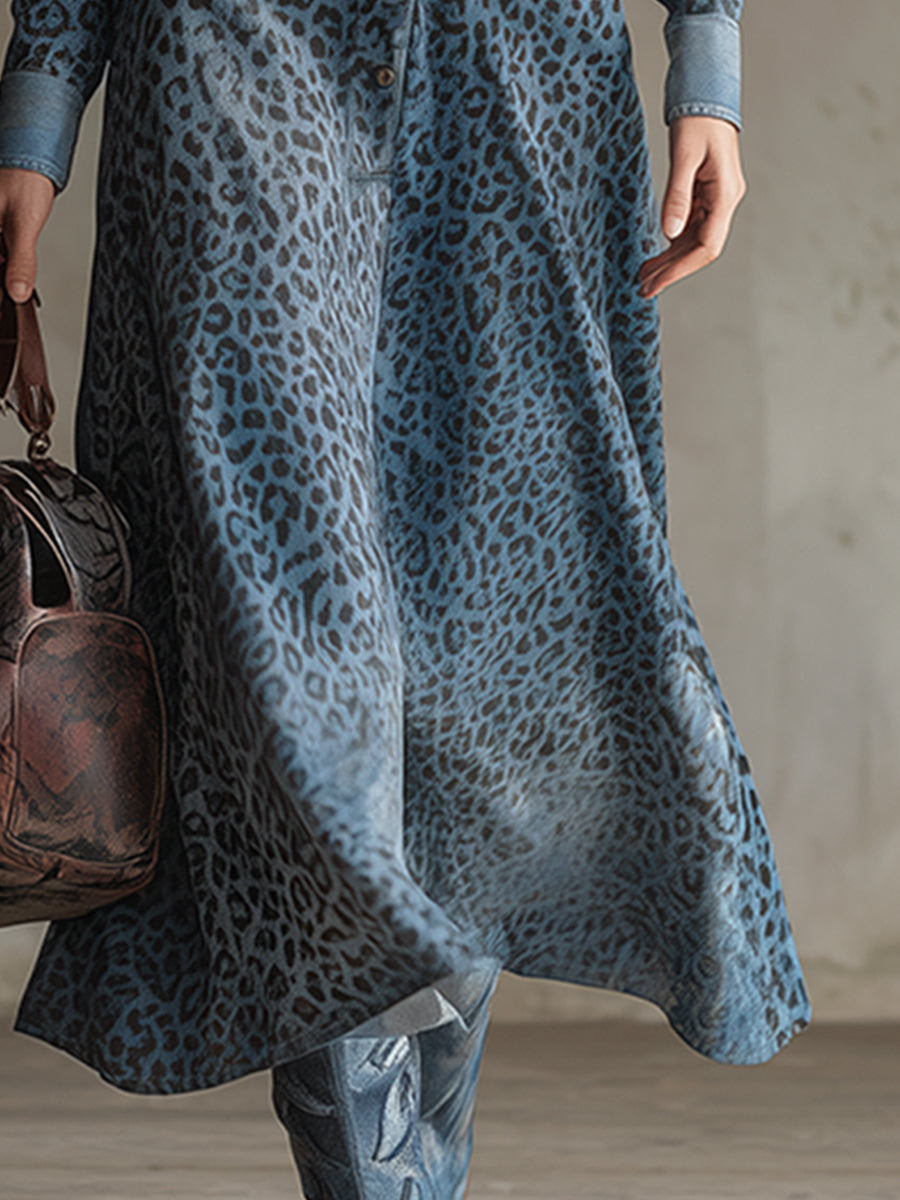 Elegant And Stylish Blue Leopard Print Denim Maxi Dress