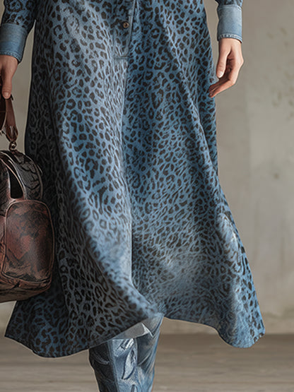 Elegant And Stylish Blue Leopard Print Denim Maxi Dress