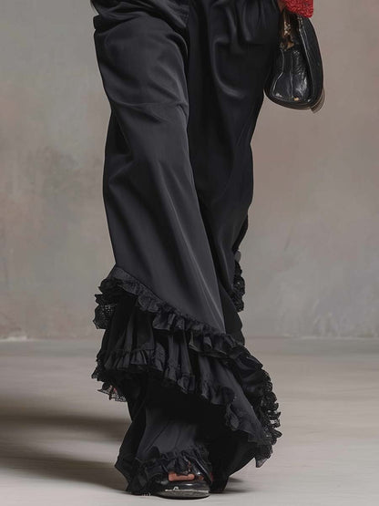 Vintage Versatile Lace Ruffled Hem Black Cotton Pants
