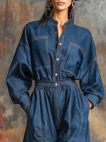 Retro Workwear Stand-up Collar Loose Denim Jumpsuit