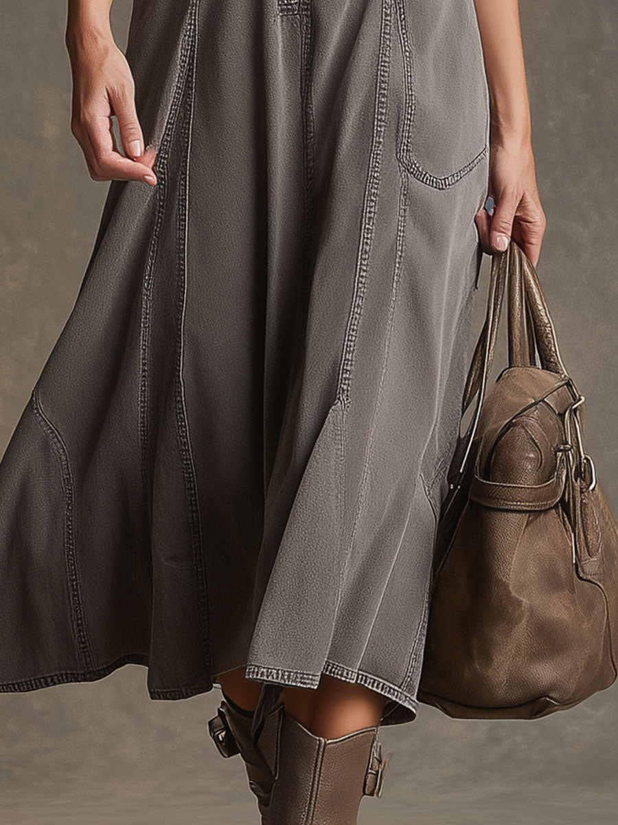 Fashionable Retro Gray Sleeveless Washed Denim Midi Dress