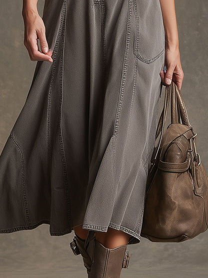 Fashionable Retro Gray Sleeveless Washed Denim Midi Dress