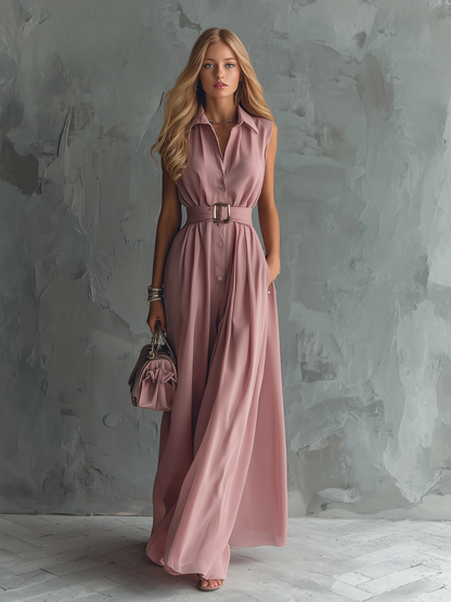 Stylish And Elegant Lapel Sleeveless Button-down Chiffon Long Dress