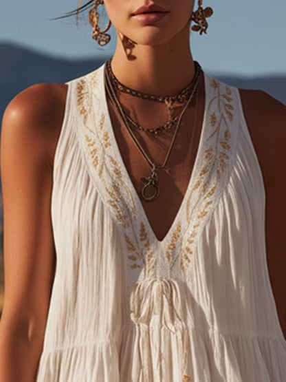 Western Retro Embroidered White V-Neck Cotton Linen Mini Dress