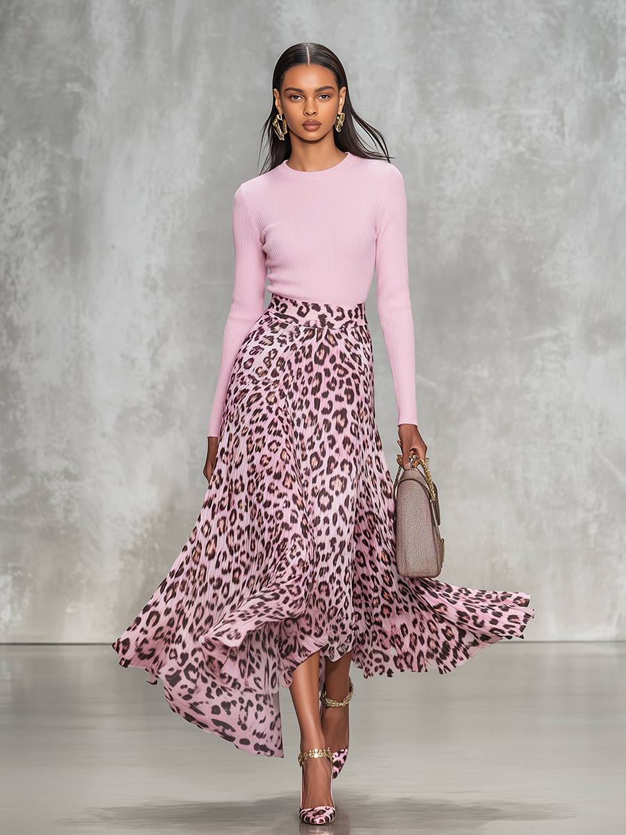 Elegant Round Neck Knitted Patchwork Leopard Print Chiffon Midi Dress