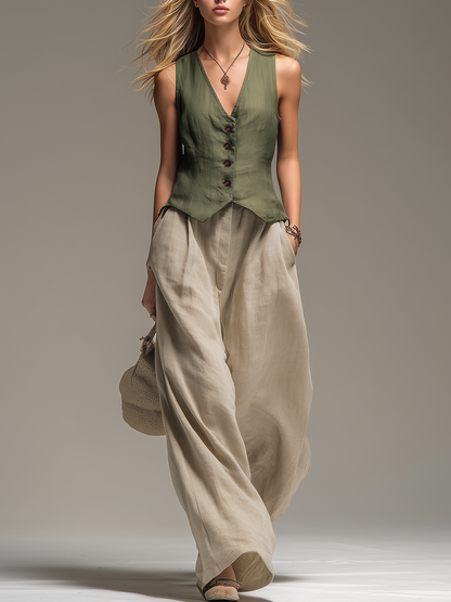 Comfortable And Relaxed V-neck Sleeveless Top And Trousers Set