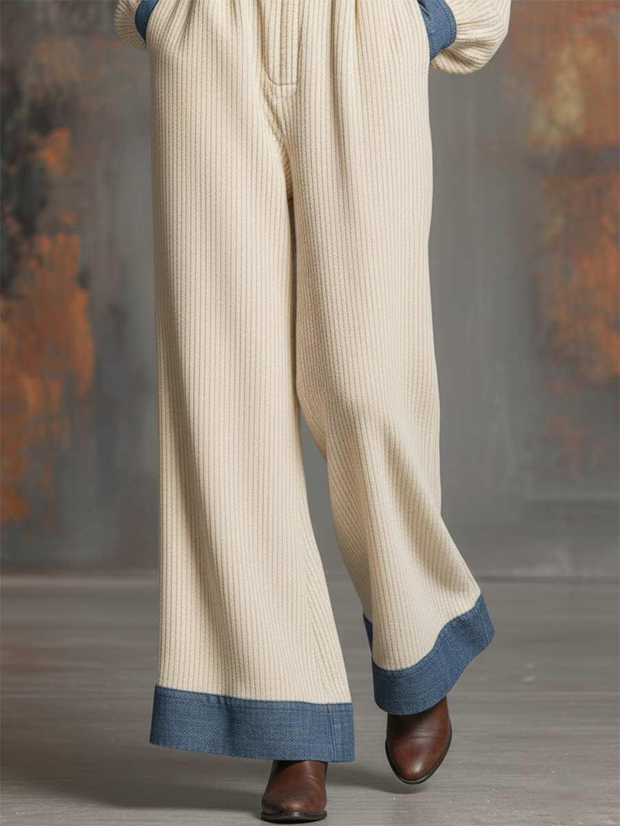 Retro Denim Patchwork Corduroy Shirt And Wide-leg Pants Set