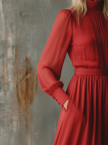 Elegant Stand Collar Long Sleeve Chiffon Maxi Dress