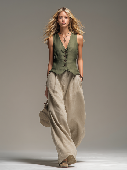 Comfortable And Relaxed V-neck Sleeveless Top And Trousers Set