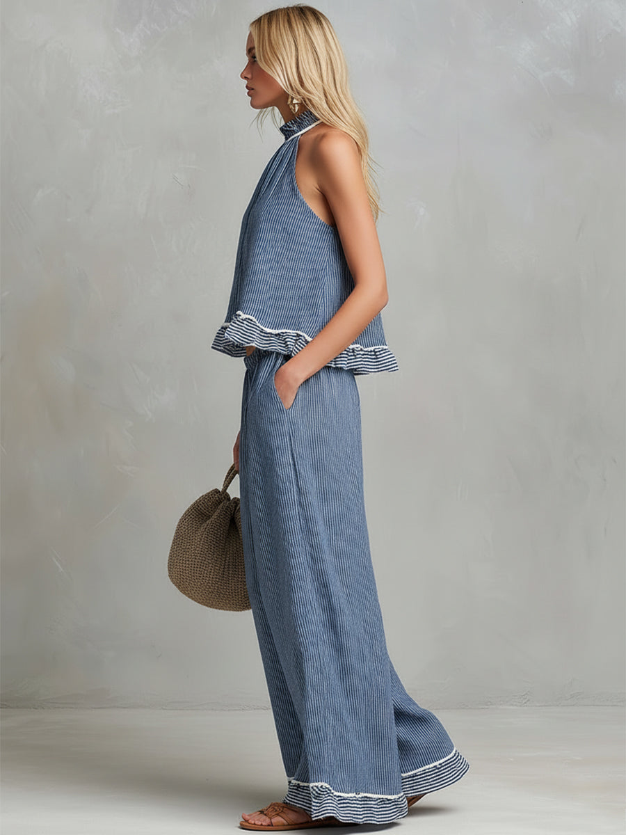 Trendy Urban Blue Striped Halter Neck Top And Wide-leg Pants Set