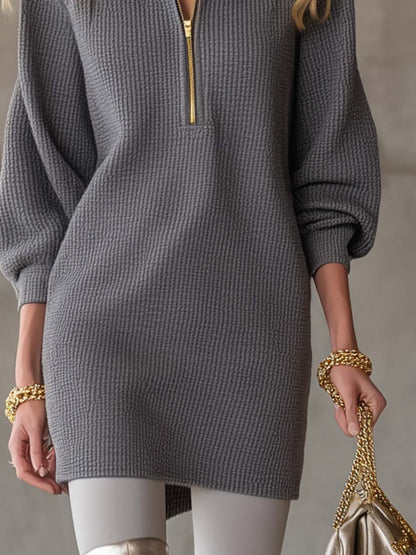 Exquisite Casual Lapel Front Zipper Three-quarter Sleeve Gray Waffle Mini Dress