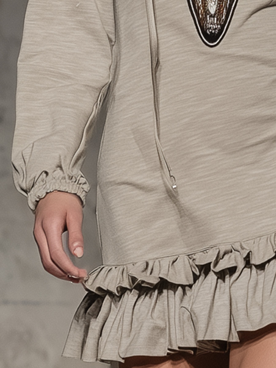 Stylish Grey Hooded Ruffled Bull&