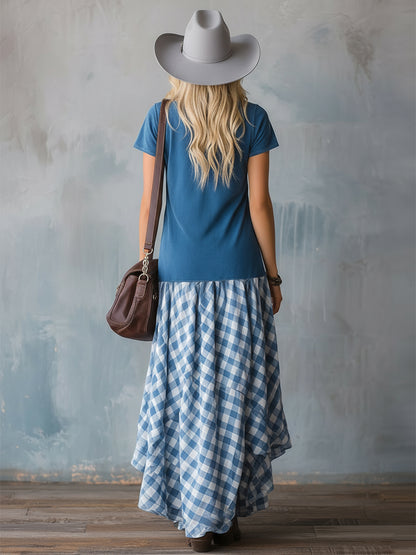 Retro-style Fashionable Blue Faux Suede Patchwork Plaid Short-sleeved Maxi Dress