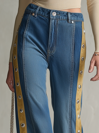 American Contrast-panel Metal-button High-waist Wide-leg Jeans