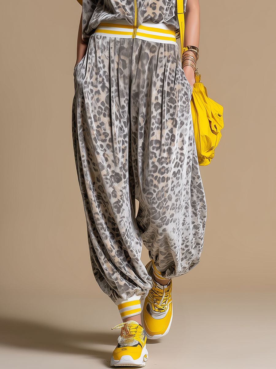 Retro Sporty Leopard Print Zip-up Stand-collar Velvet Short-sleeved Jumpsuit