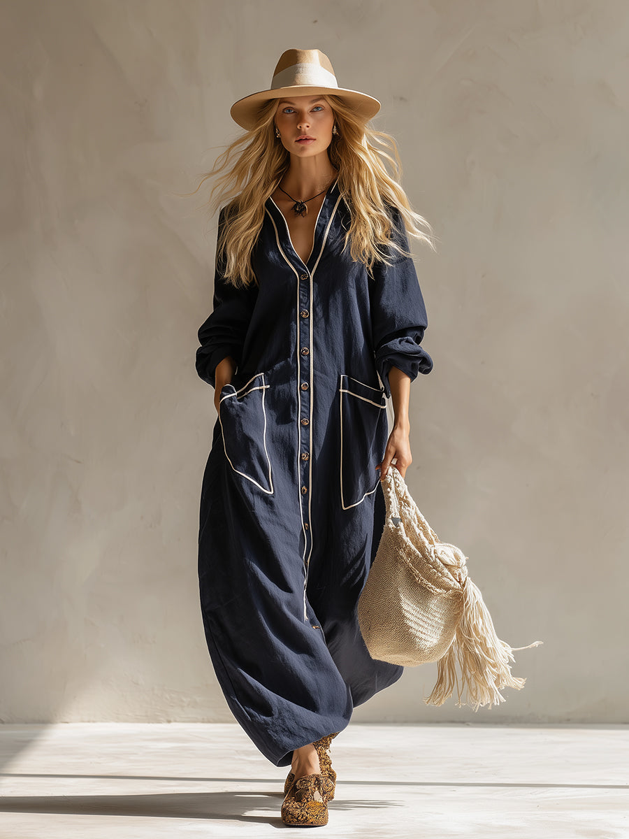 Elegant Urban-style Navy Blue Cotton And Linen Maxi Dress