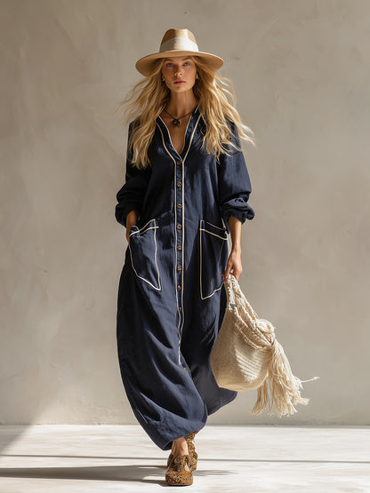 Elegant Urban-style Navy Blue Cotton And Linen Maxi Dress