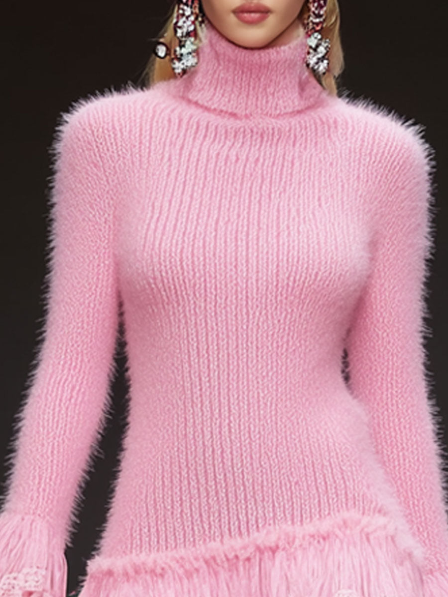 Fashionable Retro Lace Ruffle High Neck Long-haired Pink Knit Mini Dress