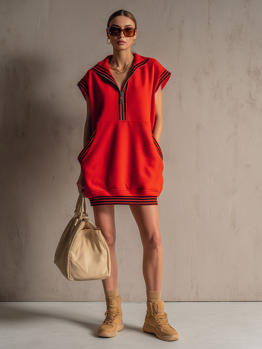 Sporty Retro Striped Ribbed Red Cotton Sleeveless Mini Dress