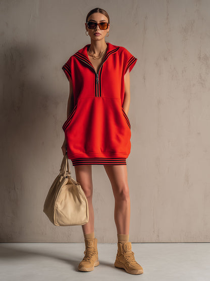 Sporty Retro Striped Ribbed Red Cotton Sleeveless Mini Dress