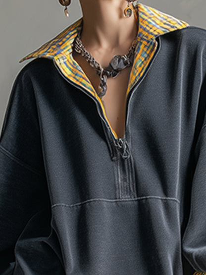 Casual Sporty Plaid Trim Gray Washed Cotton Sweatshirt Mini Dress