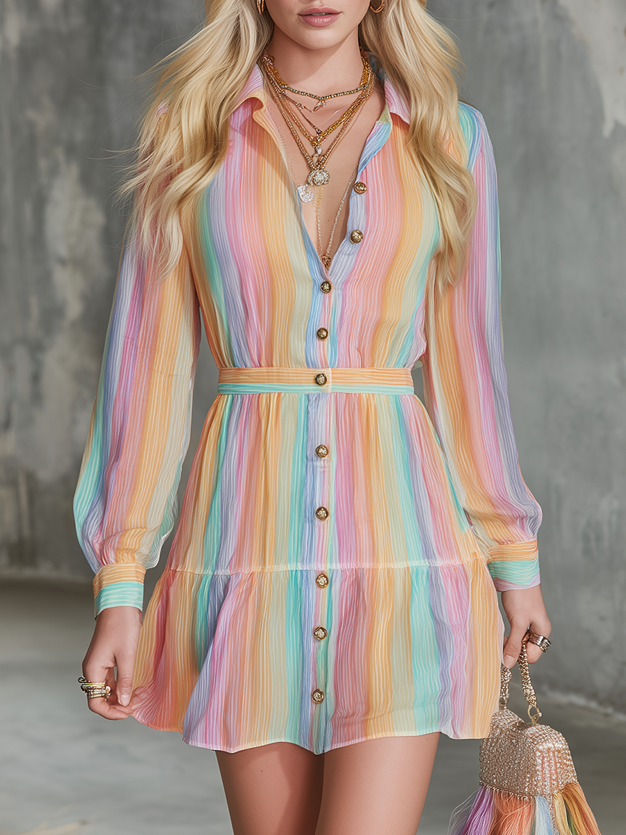 Retro-style Fashionable Colorful Striped Print Chiffon Mini Dress