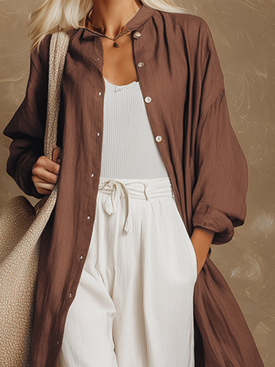 Stylish And Casual Brown Cotton And Linen Shirt-style Long Cardigan