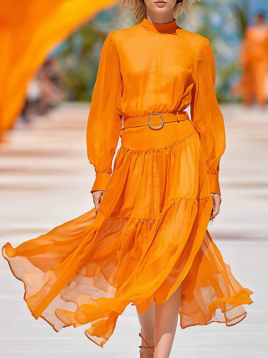 Fashionable And Casual Orange Chiffon Long-sleeved Maxi Dress