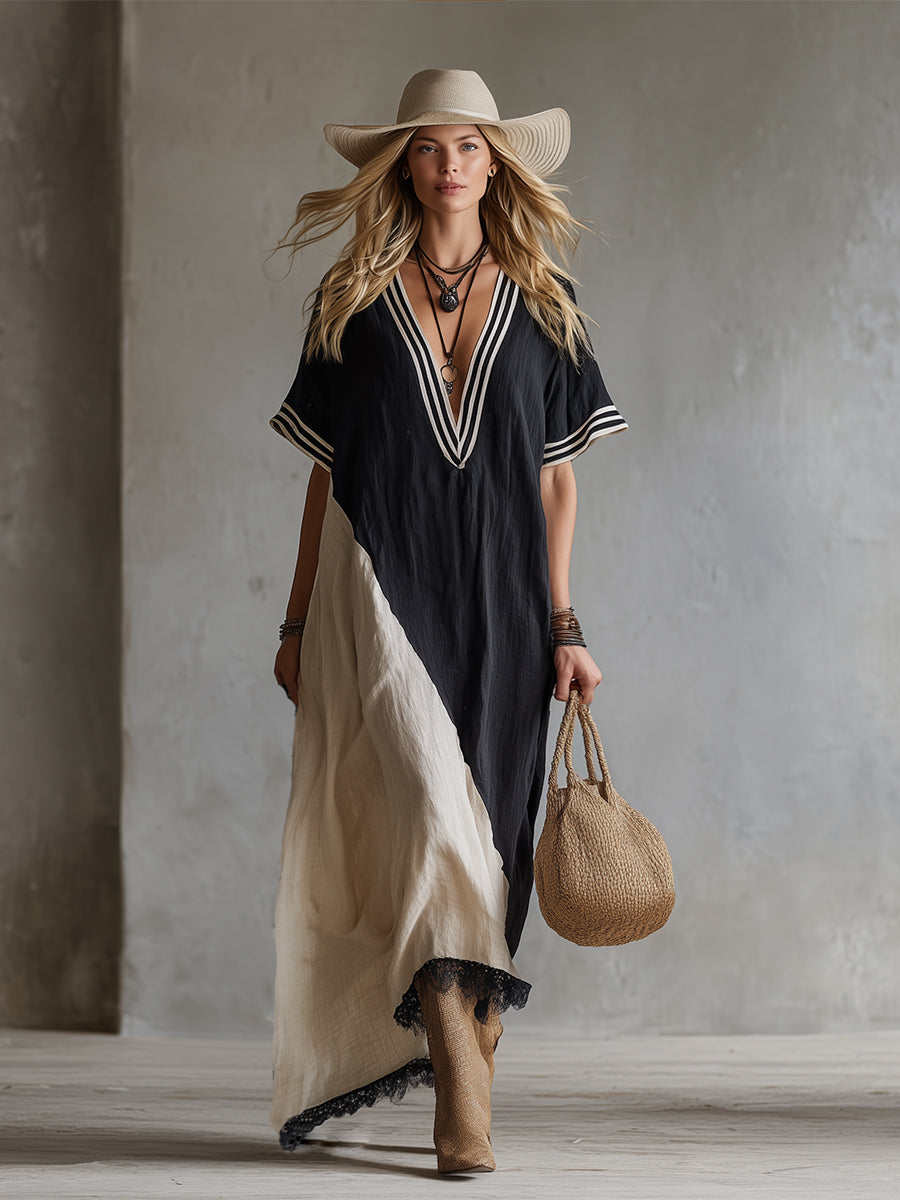 Elegant And Casual Striped Neckline Color-blocked Cotton And Linen Short-sleeved Maxi Dress