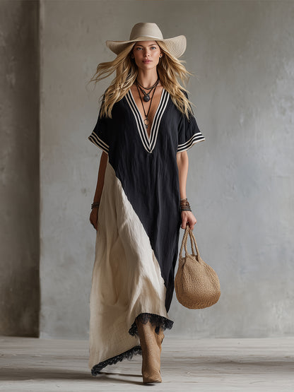 Elegant And Casual Striped Neckline Color-blocked Cotton And Linen Short-sleeved Maxi Dress