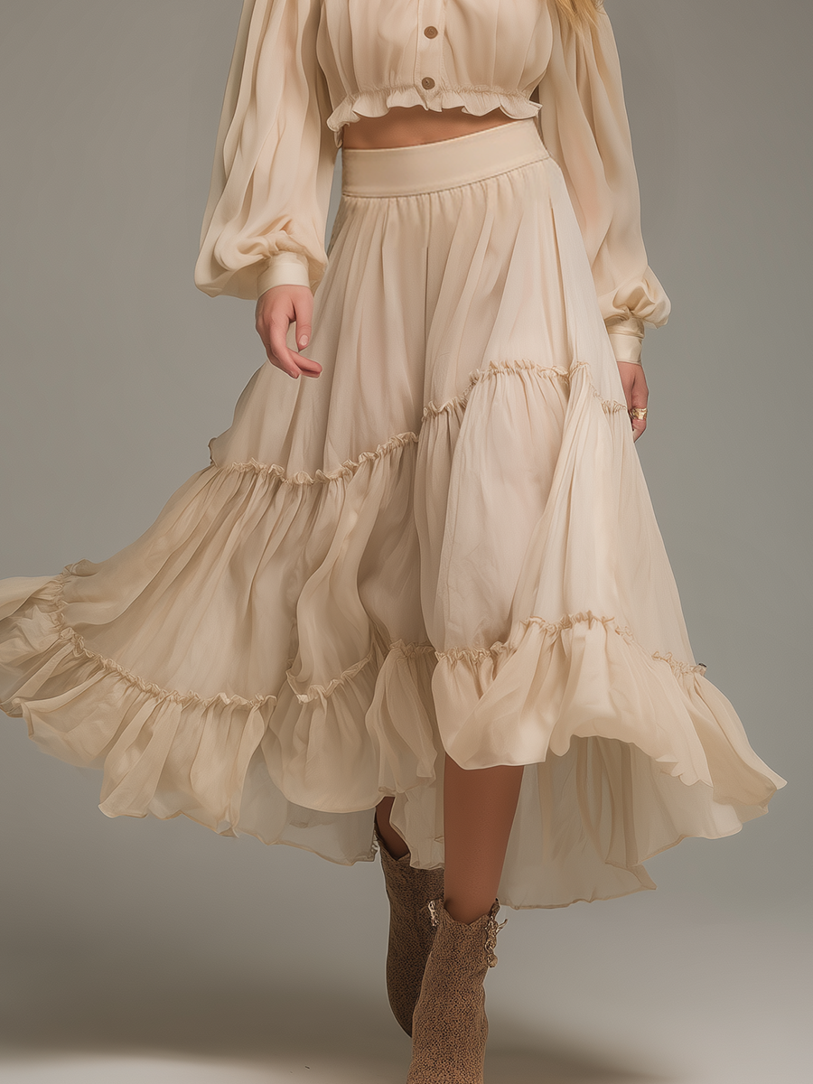 Elegant Stylish Long Sleeve Chiffon Blouse And Ruffled Skirt Set